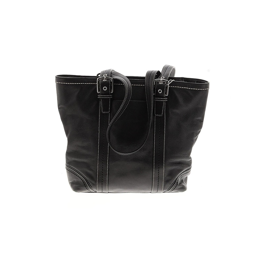 Coach Black Leather Satchel Tote Bag Contrast Stitch Silver Hardware